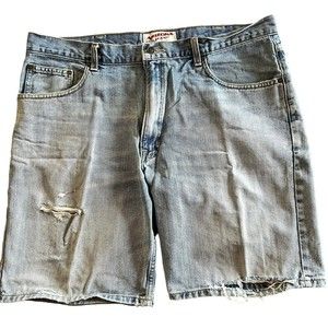 Arizona Brand Carpenter Jean Shorts Size 40 Faded Blue Denim Worn Distressed